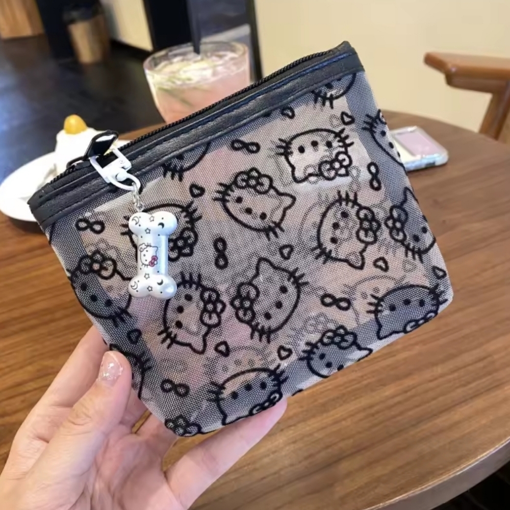 Hello Kitty Mesh Zipper Pouch Black Kawaii Aesthetic Mini Makeup Bag